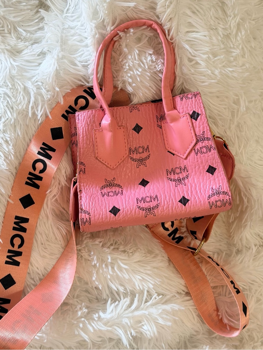 MCM Pink Logo Mini Tote with Branded Strap
